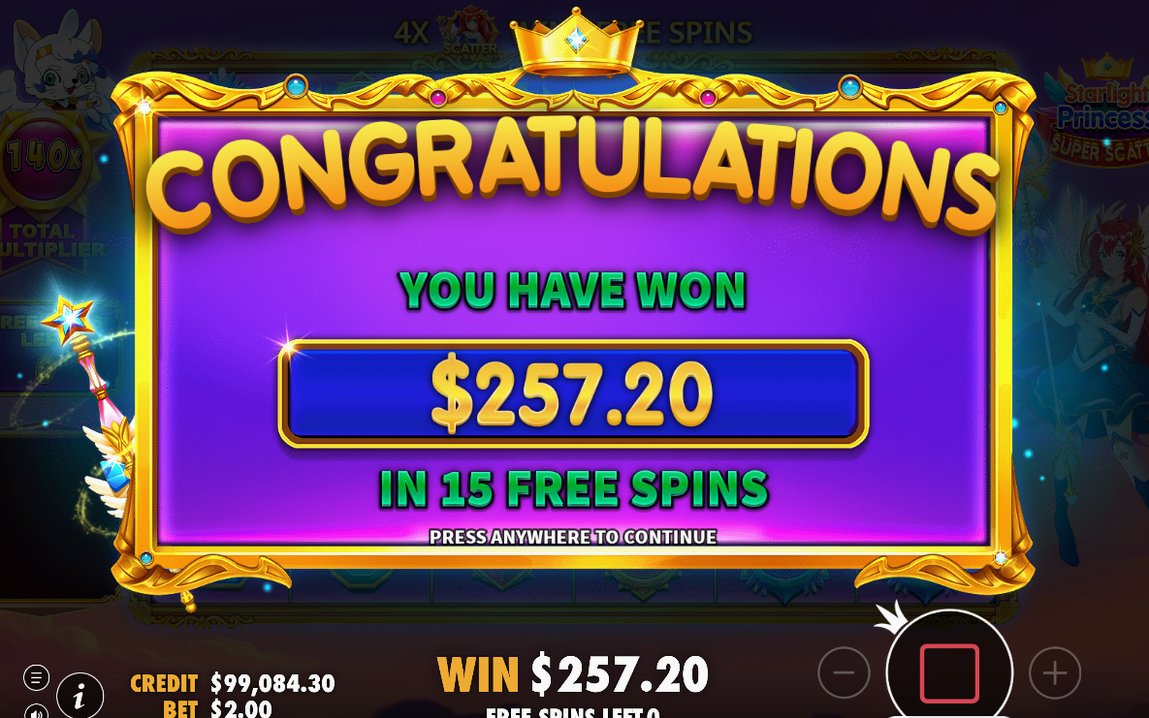 Win screen after a tumble sequence on the 8x8 grid